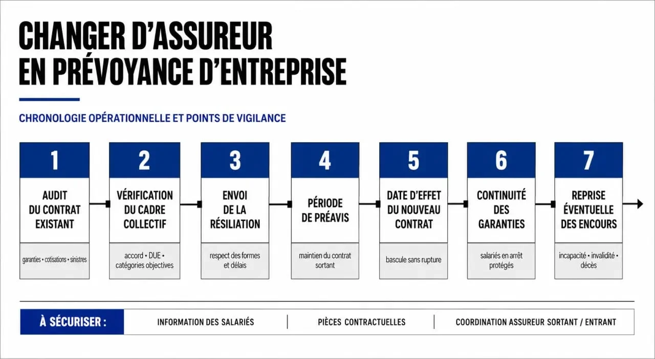Schéma du changement d’assureur prévoyance entreprise avec délais de résiliation et continuité des garanties