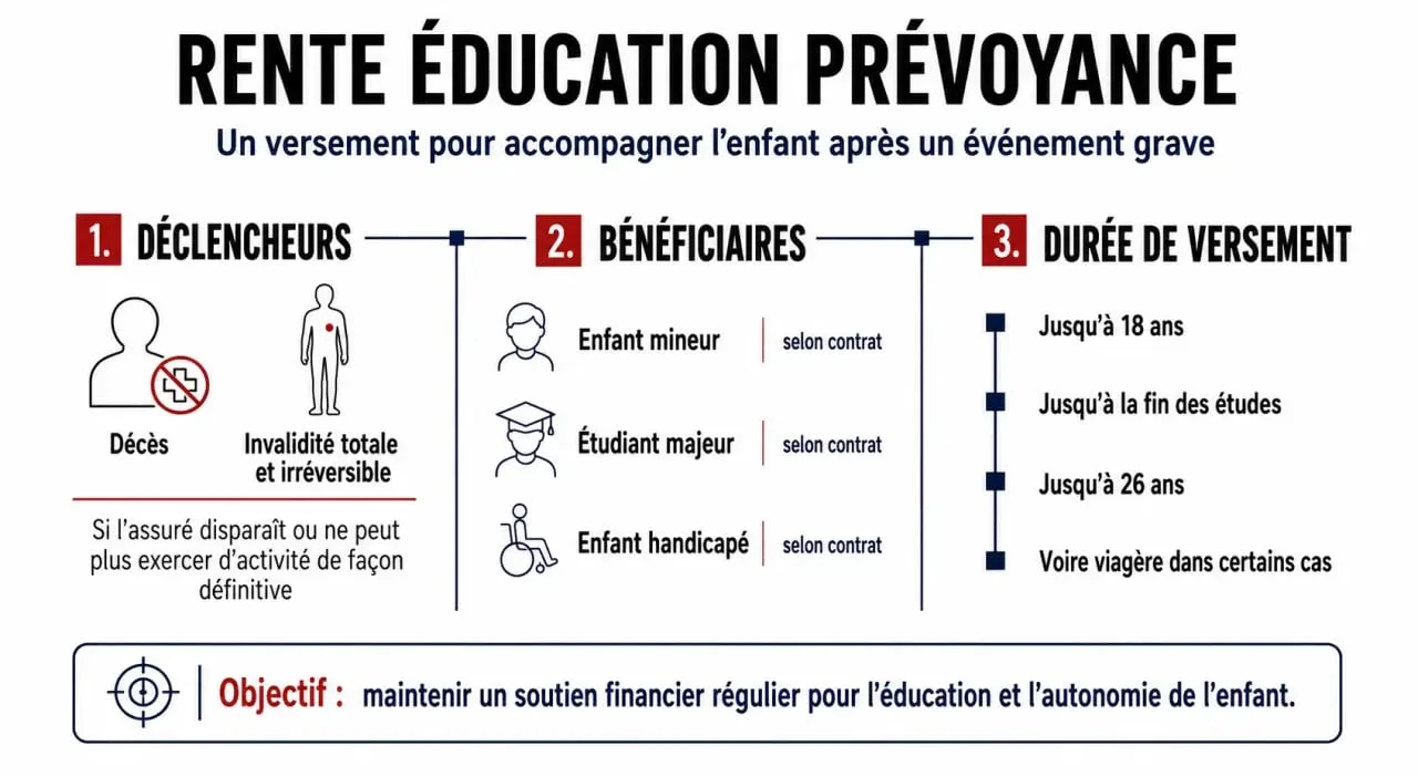 Rente éducation prévoyance : infographie éditoriale sur les déclencheurs, les bénéficiaires et la durée de versement