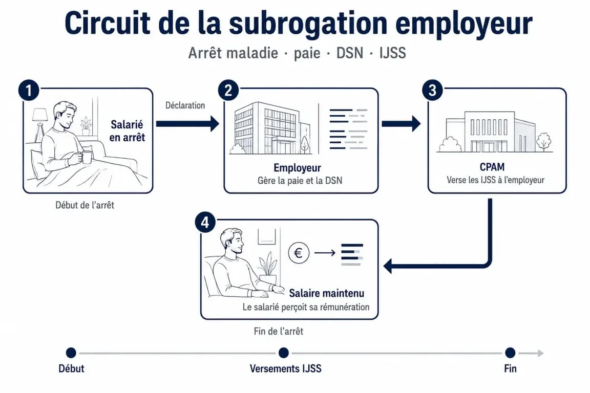 Subrogation employeur arrêt maladie : schéma du circuit salarié, employeur, CPAM et paie