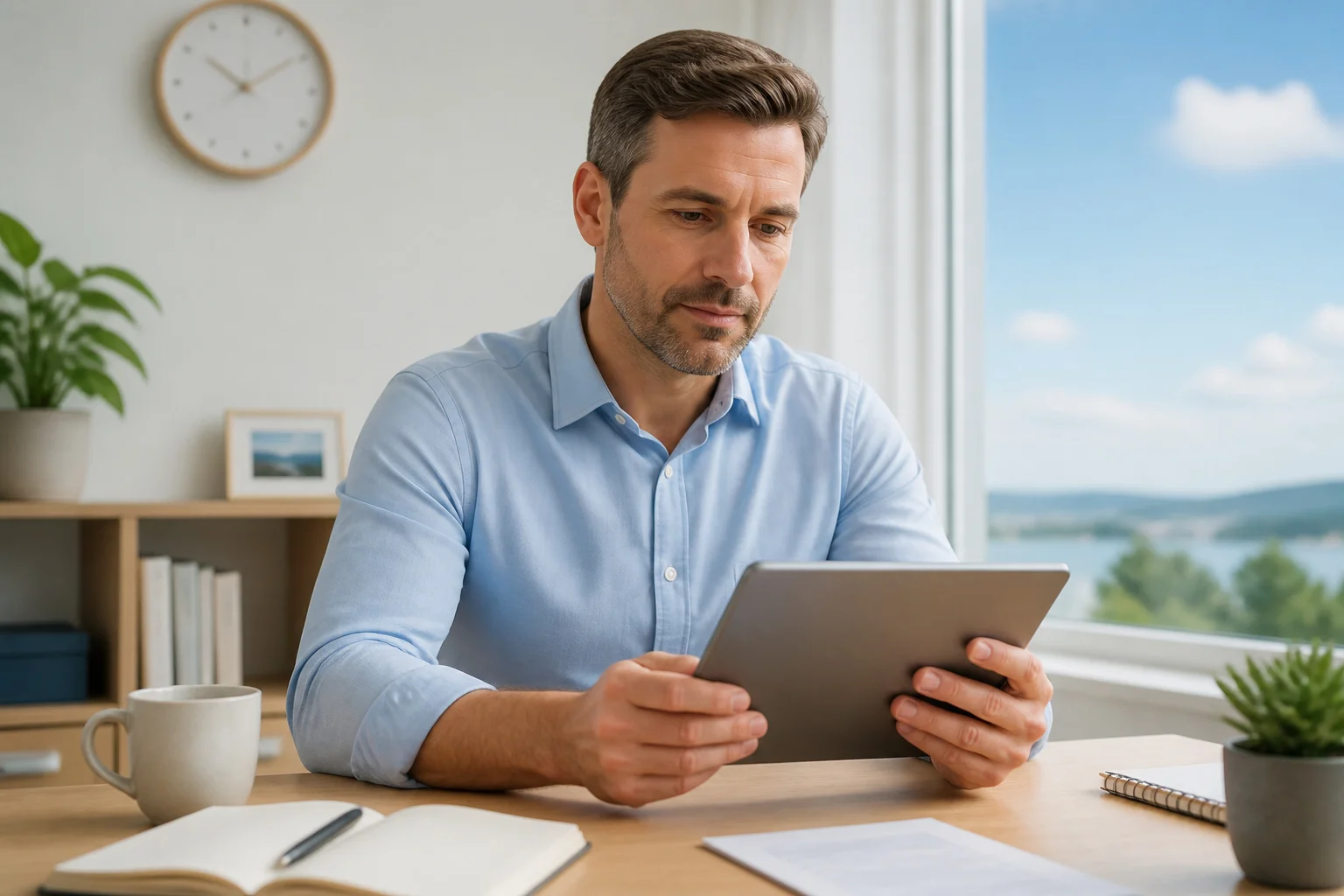 Homme reflechissant a sa tablette